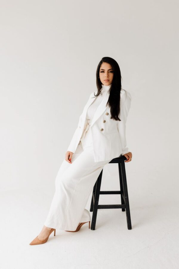 Elegant White Blazer with Turtleneck Top & High-Waist Pants