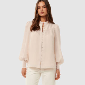 Beige Self-Patterned Bishop Sleeves Shirt – Chic & Elegant Design