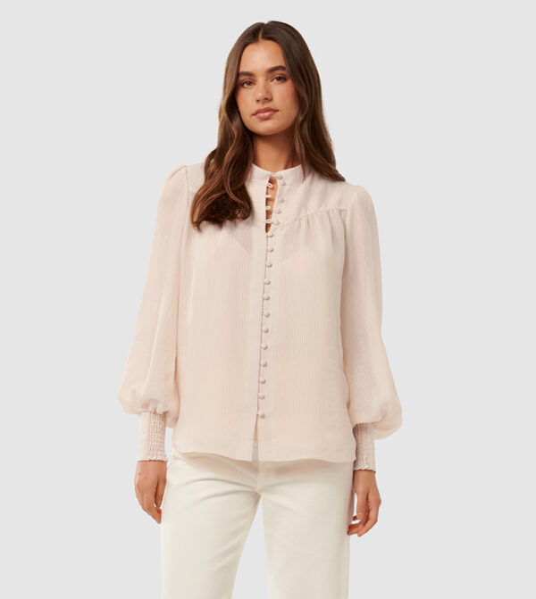 Beige Self-Patterned Bishop Sleeves Shirt – Chic & Elegant Design